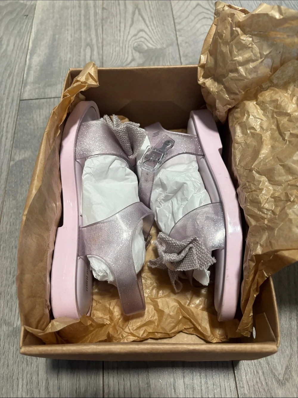 Mini Melissa Girls' Light Pink Mar Glitter Bow Jelly Sandals